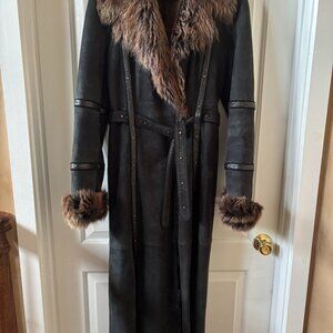 Women's Napoli 100% Mouton Shearling Full Length Coat Black EU 38 Sz 2/4 Belted